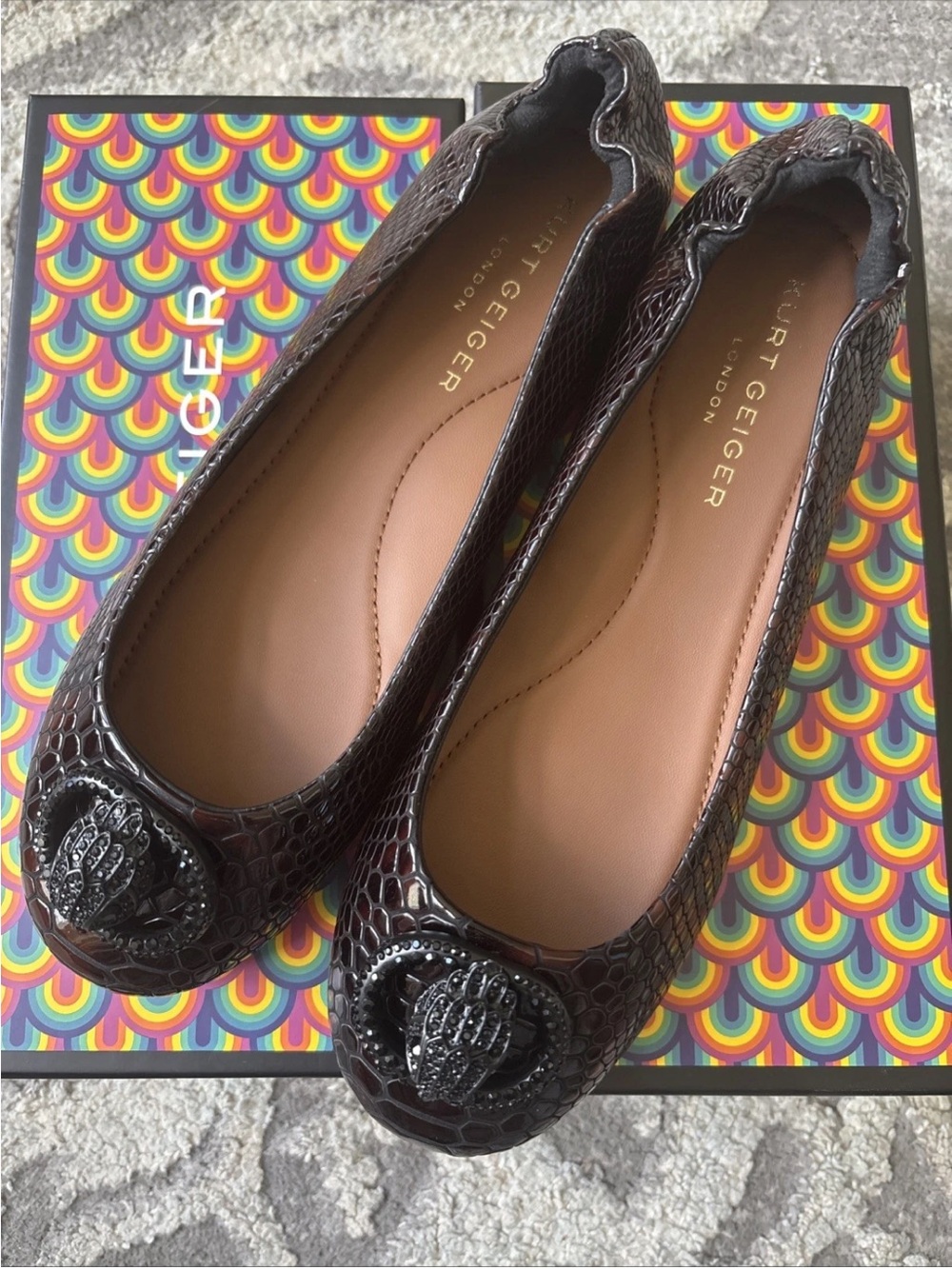 Kurt Geiger London Chelsea Leather Logo Ballerina Flats Pumps Brown/Black-8